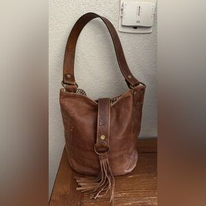 Leather Penny Bucket/Shoulder Bag Embossed Fringed Boho Hippie Western Granola